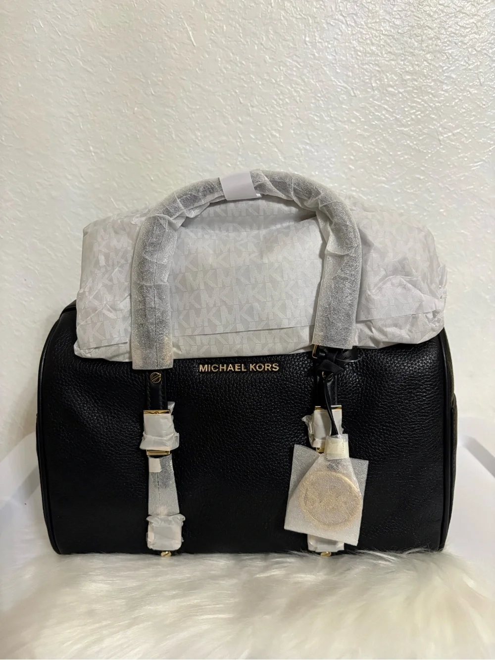Michael Kors Black Pebbled Leather Satchel with Gold Hardware